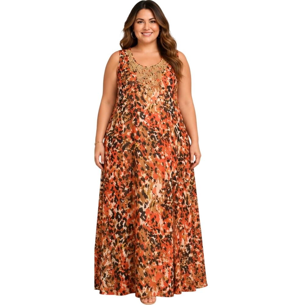 Jessica London Beaded Embellished Animal Print Maxi Dress, Boho, Plus Size 26W
